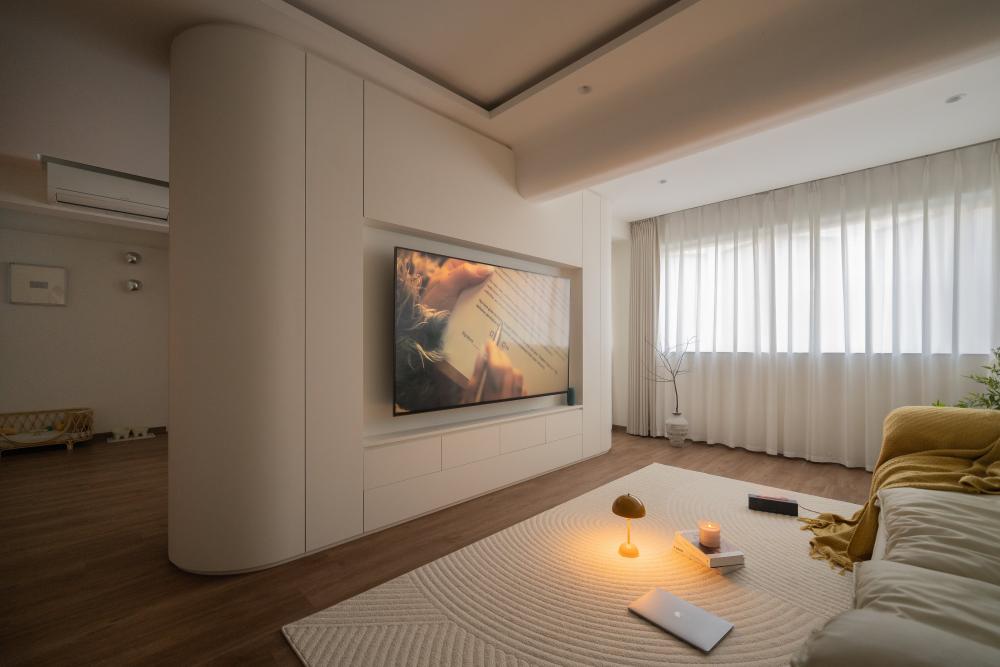 Minimalist Living Room with Wood Flooring and TV Console