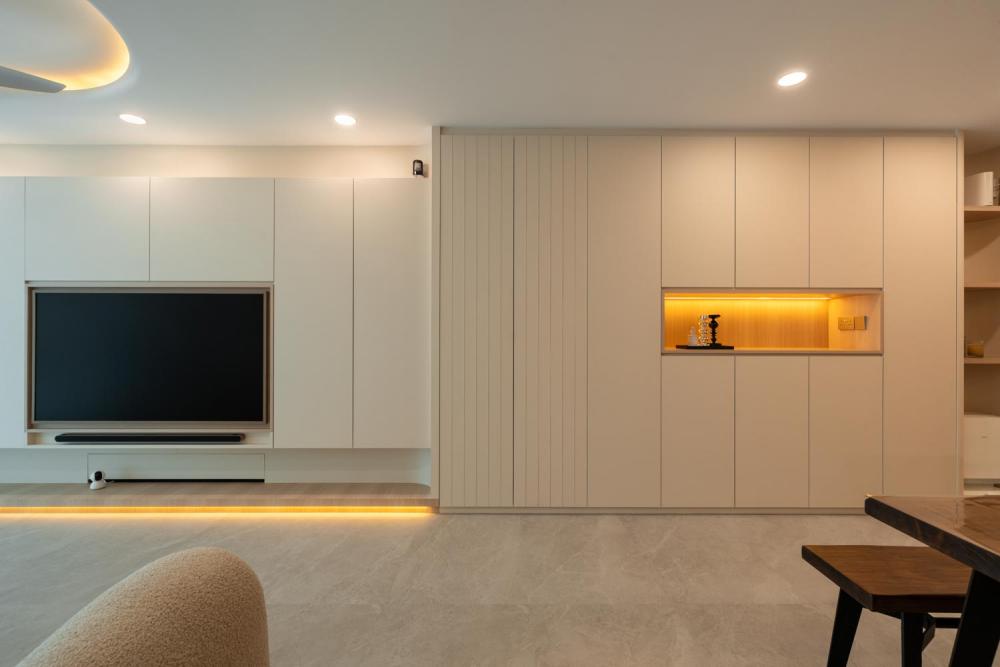 Contemporary Living Room with TV Console and Carpet