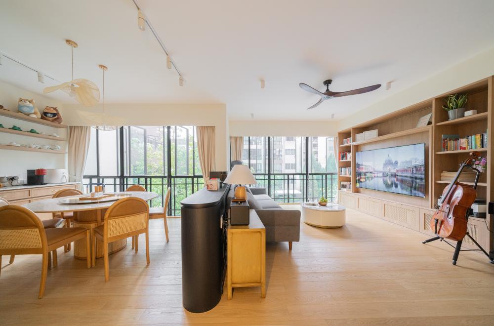 Contemporary Living Room with Bookshelf and TV Console