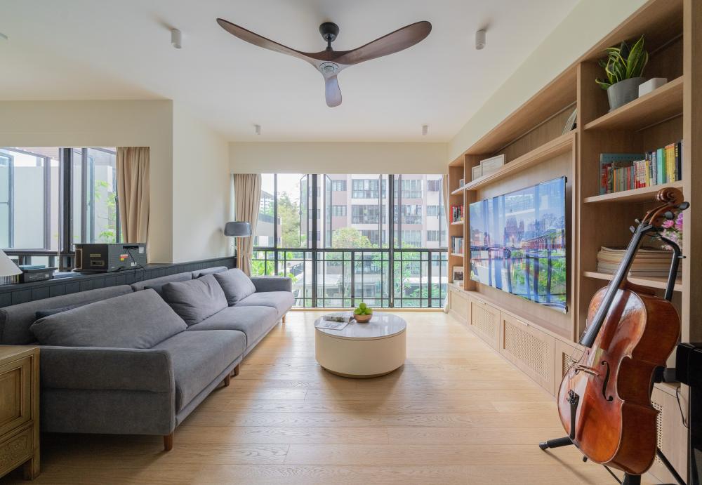 Contemporary Living Room with Bookshelf and TV Console