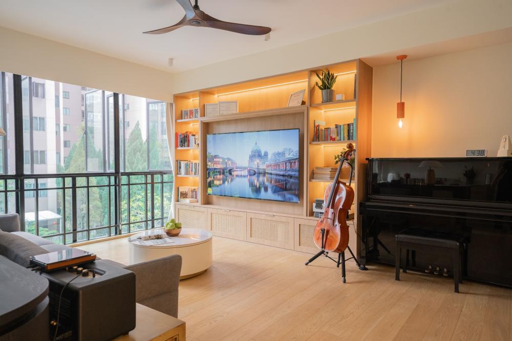 Contemporary Living Room with Bookshelf and TV Console