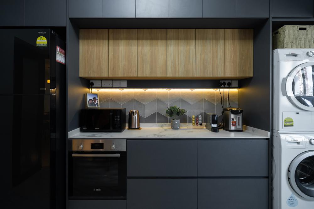 Modern Pantry with Kitchen Island and Tableware