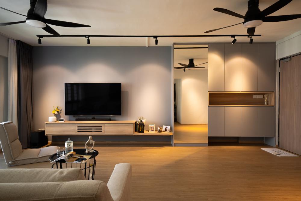 Modern Living Room with TV Console and Mirror