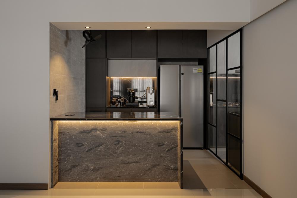 Modern Kitchen with Kitchen Island and Glass Door