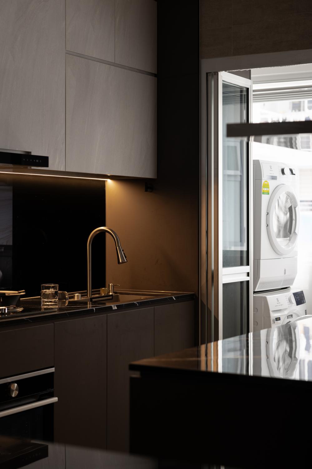 Modern Kitchen with Countertop and Glass Door