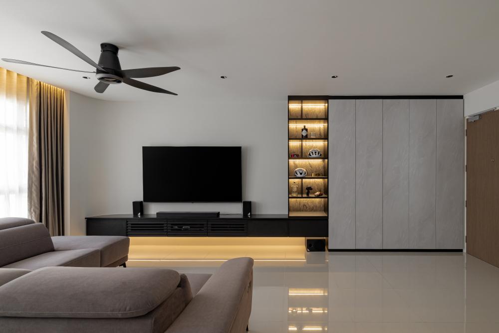 Modern Living Room with Bookshelf and TV Console