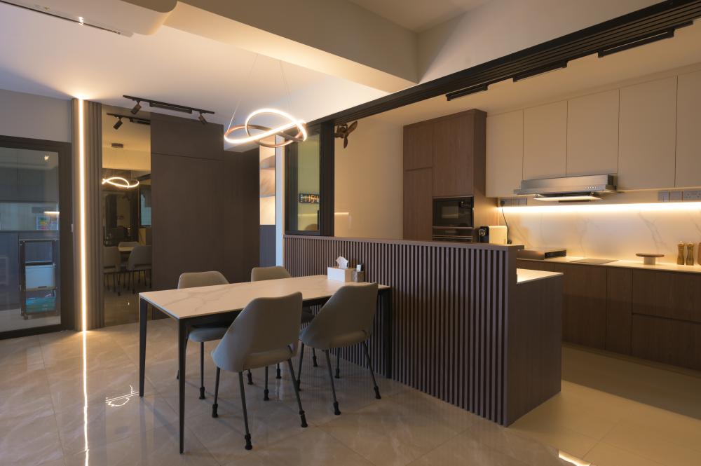 Contemporary Dining Room with Drop Light and Dining Table