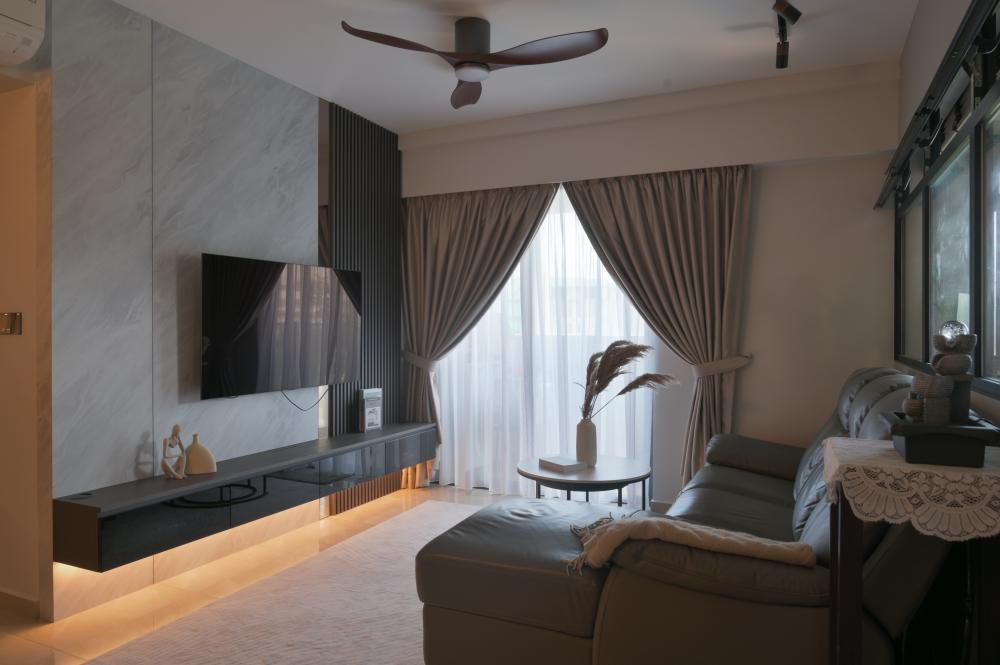 Contemporary Living Room with Carpet and Curtain