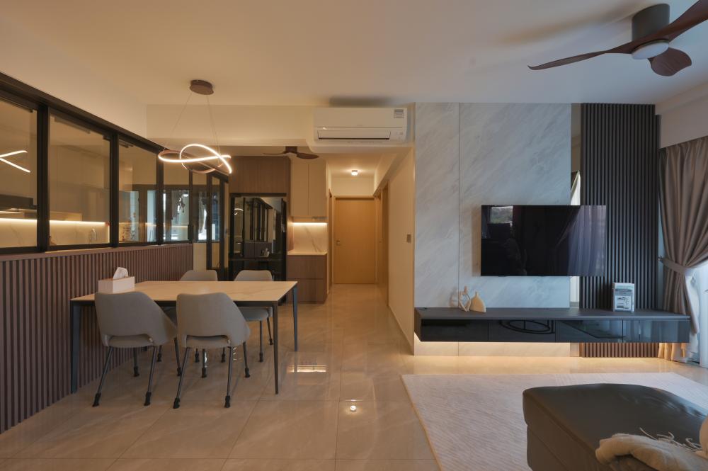 Contemporary Living Room with Homogeneous Tiles and TV Console