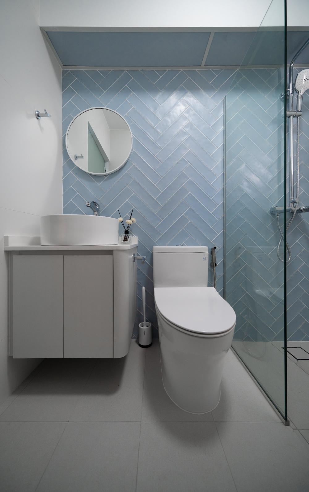 Minimalist Bathroom with Countertop and Herringbone Tiling
