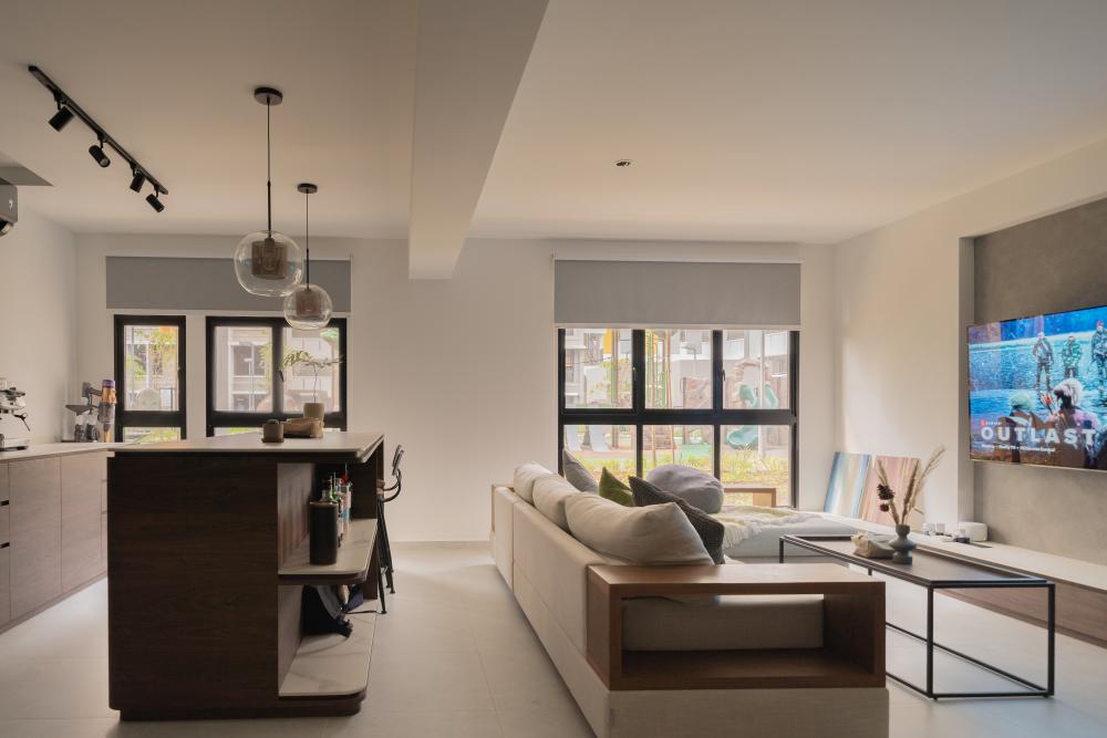 Contemporary Living Room with Kitchen Island and Sofa