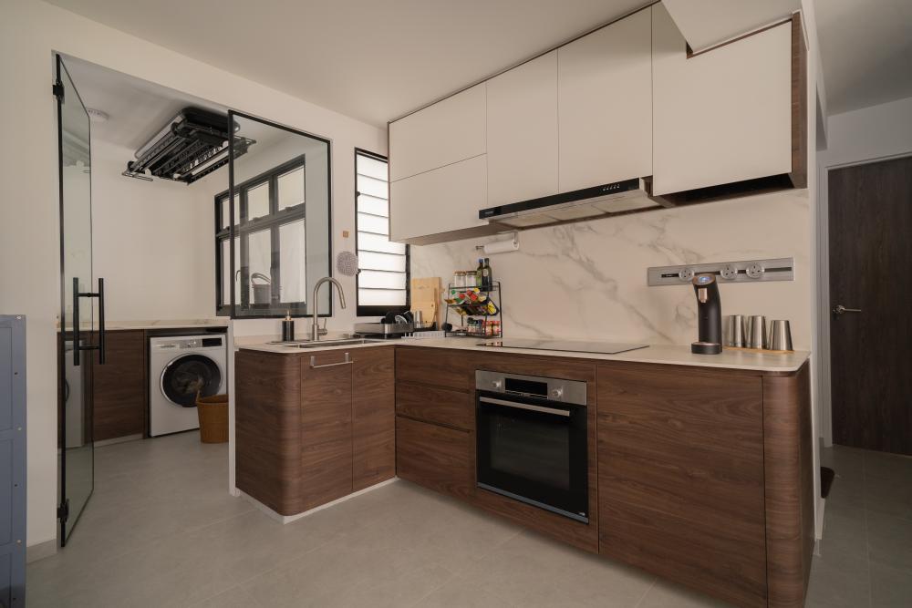 Contemporary Pantry with Kitchen Island and Console Table