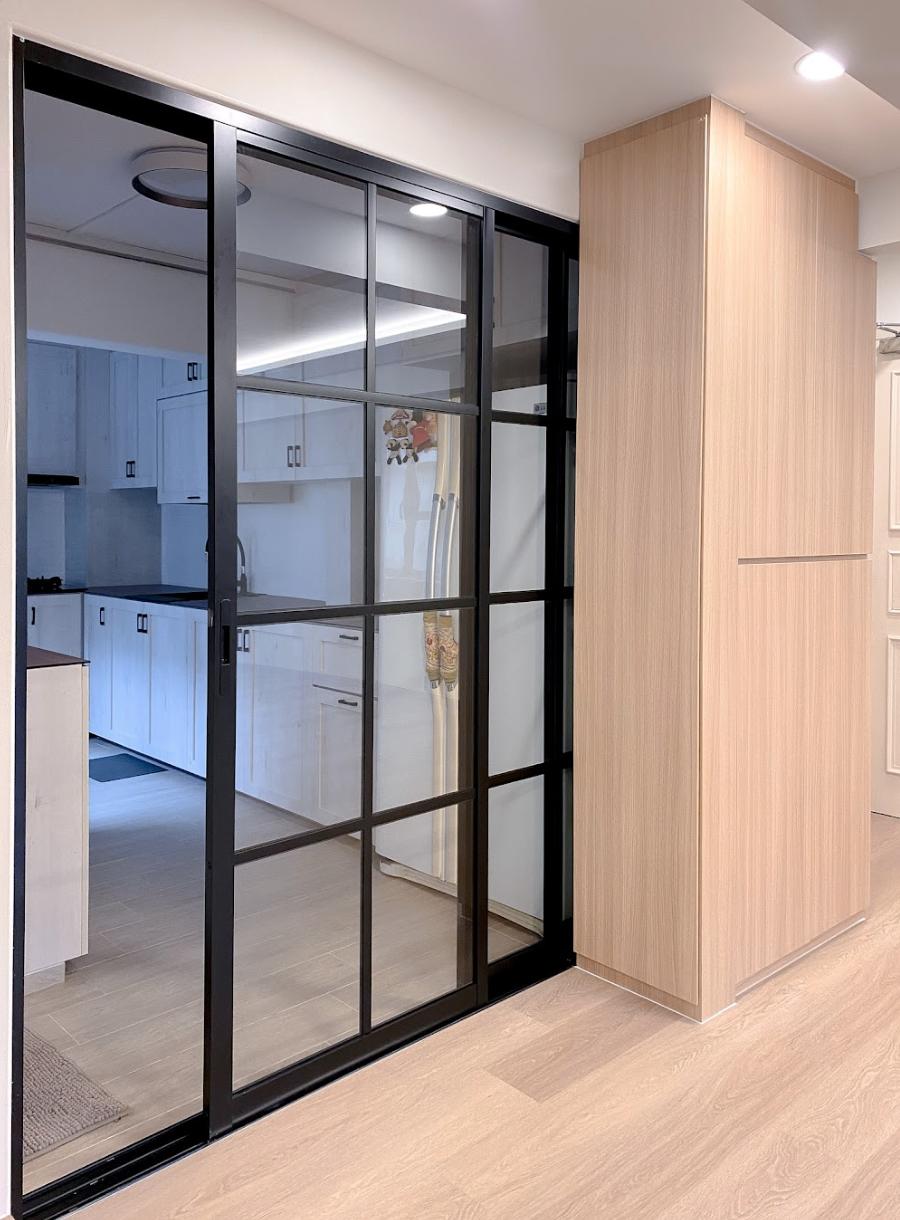 Country Kitchen with Glass Door and Ceiling Light