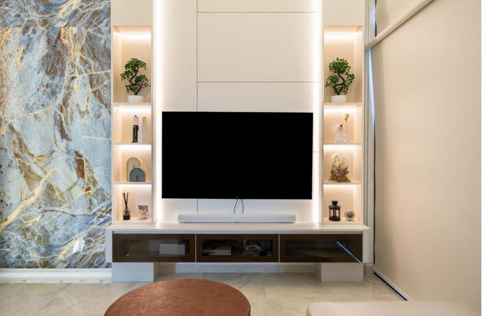 Contemporary Living Room with Homogeneous Tiles and TV Console