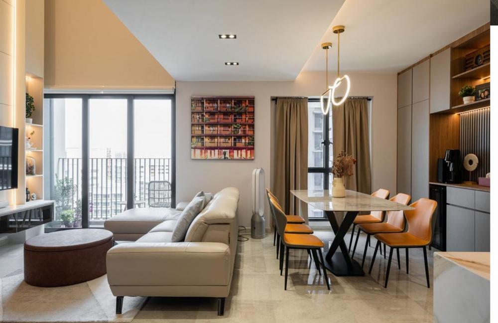 Contemporary Living Room with TV Console and Feature Wall