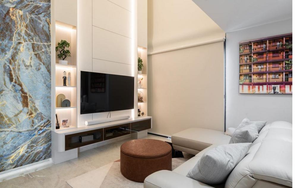 Contemporary Living Room with Homogeneous Tiles and TV Console