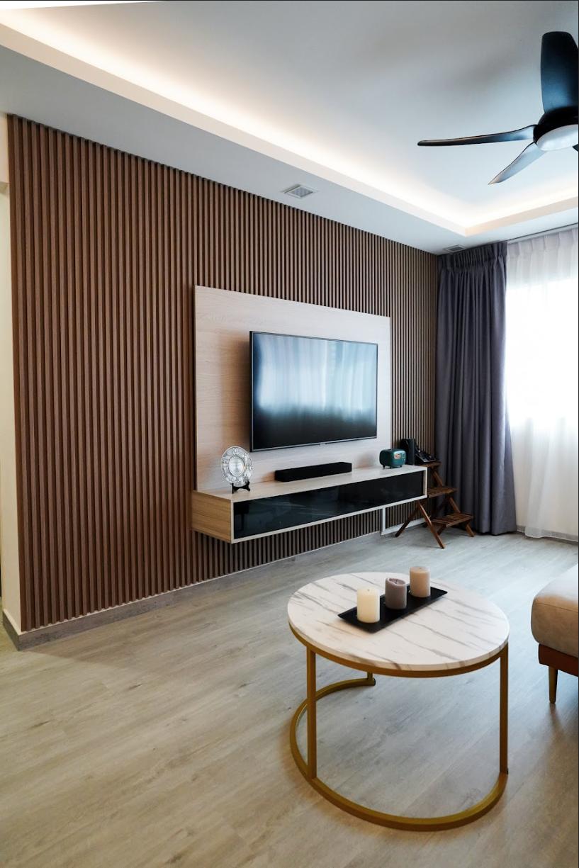 Contemporary Living Room with TV Console and Feature Wall