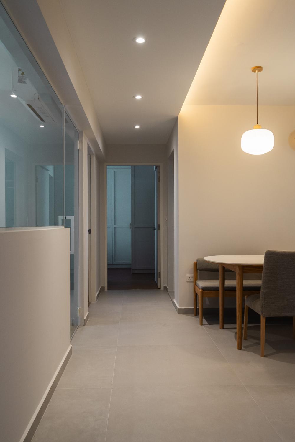 Contemporary Hallway with Console Table and Paintings