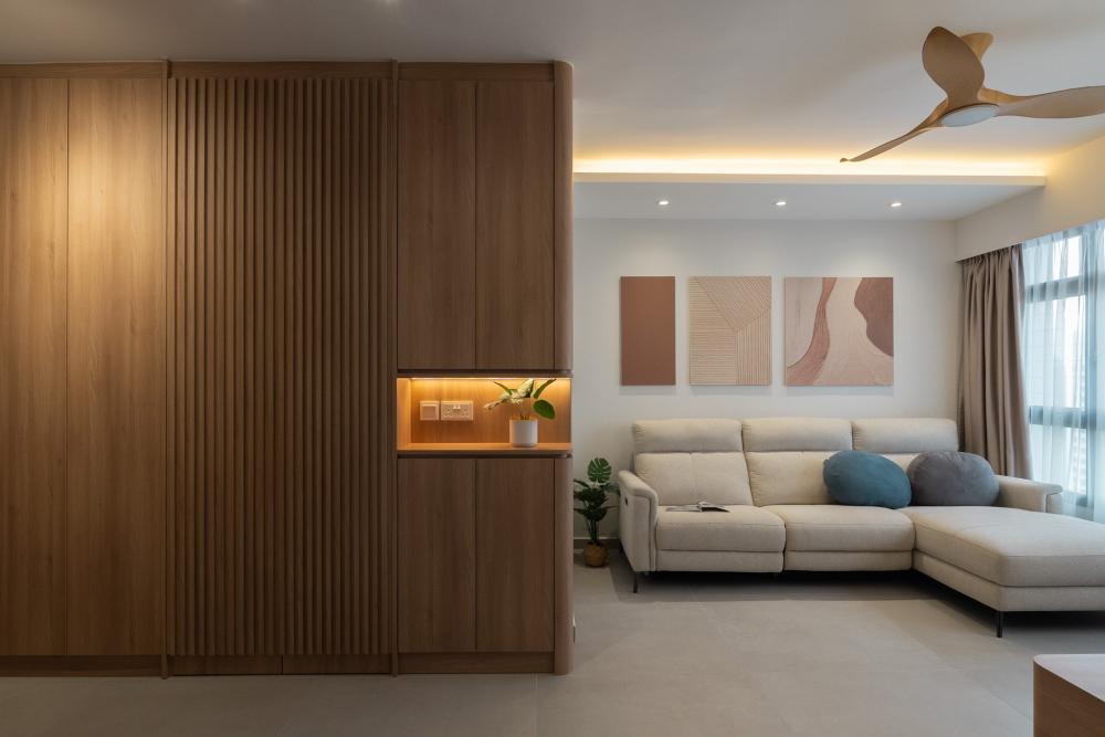 Contemporary Living Room with Bookshelf and TV Console