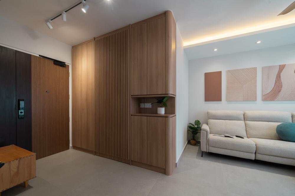 Contemporary Foyer with Artwork and Shoe Rack