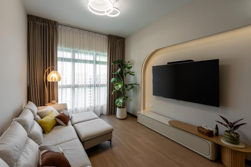 Modern Living Room with Vinyl Flooring and Feature Wall