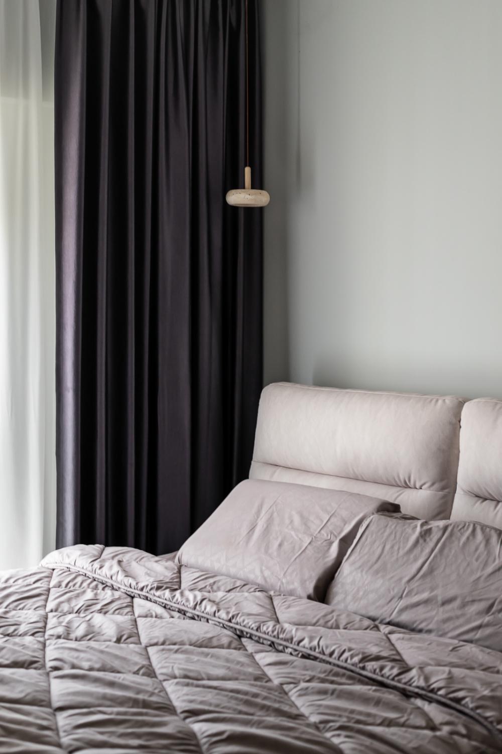 Modern Bedroom with Drop Ceiling and Curtain