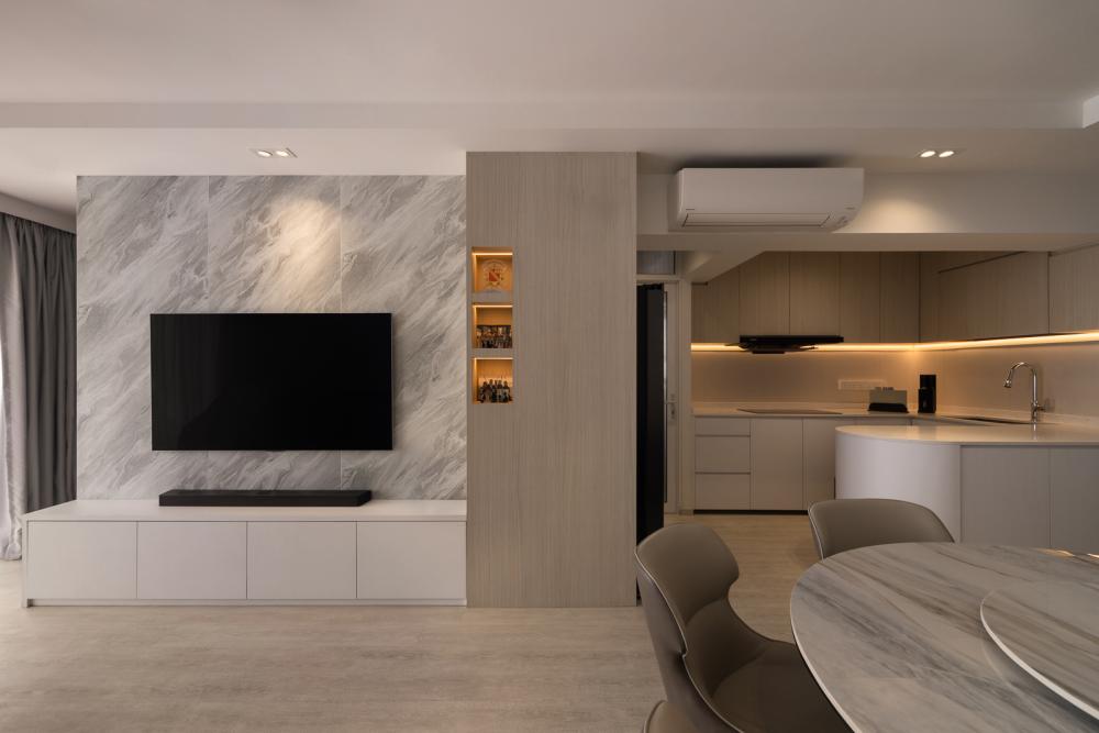 Scandinavian Living Room with TV Console and Feature Wall