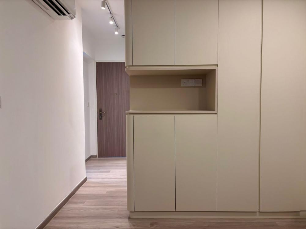 Modern Living Room with Vinyl Flooring and Storage Cabinets