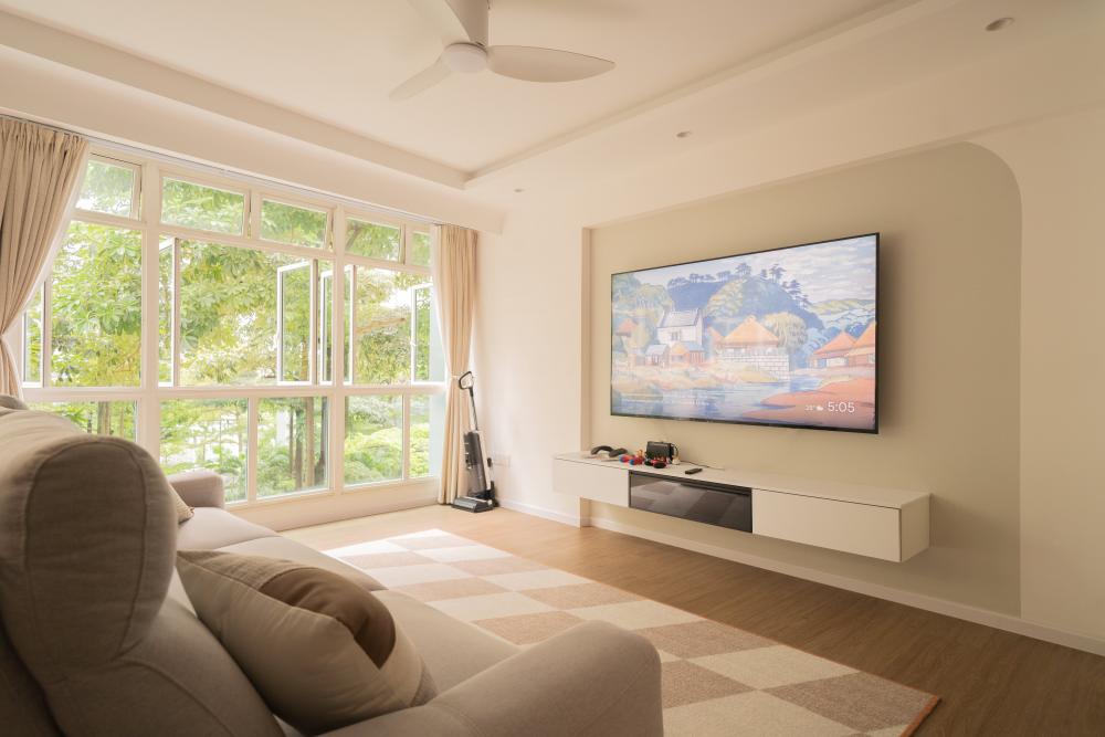 Contemporary Living Room with TV Console and Bay Window