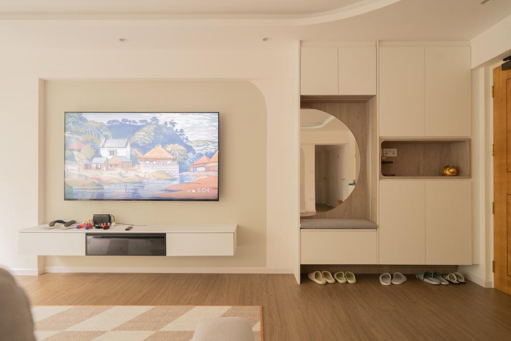Contemporary Living Room with Bookshelf and TV Console