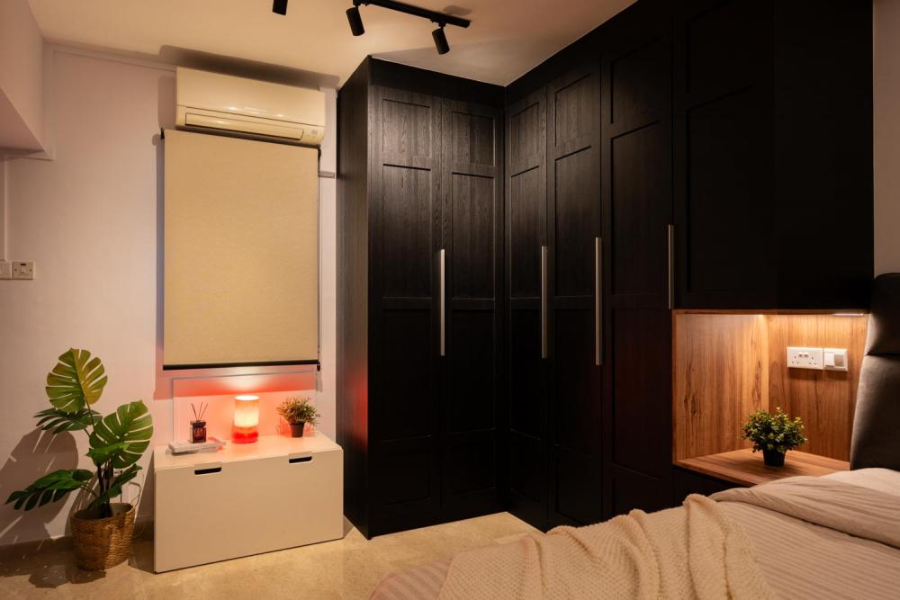 Industrial Bedroom with Vinyl Flooring and Built-in Bed
