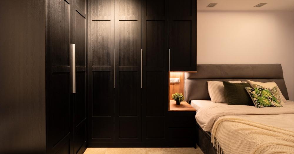 Industrial Bedroom with Vinyl Flooring and Bedside Table