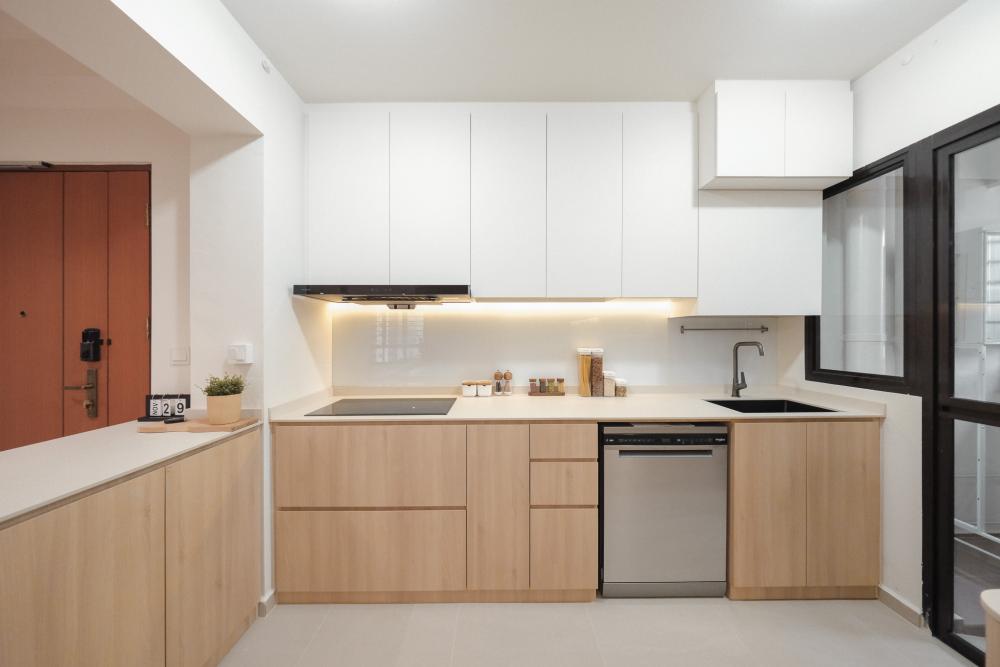 Scandinavian Kitchen with Vinyl Flooring and Herringbone Tiling