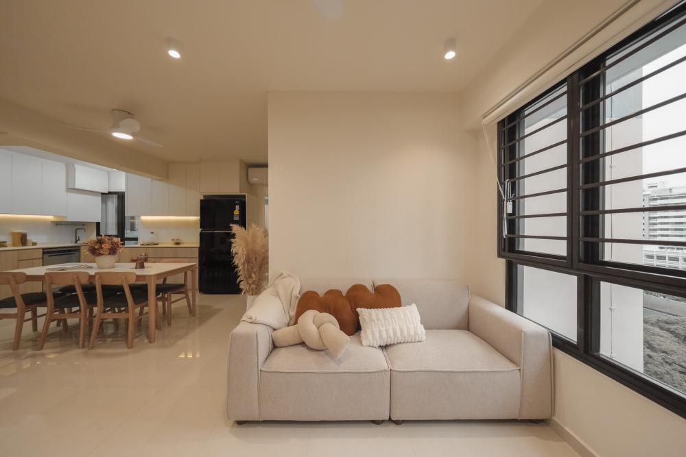 Scandinavian Living Room with TV Console and Feature Wall