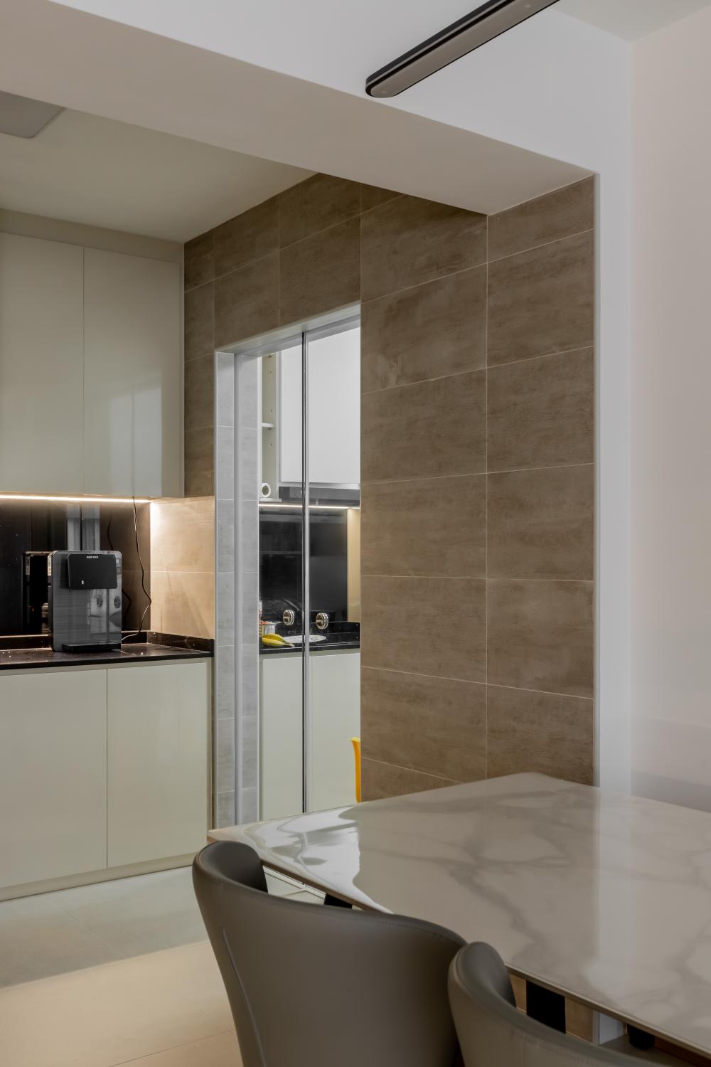 Minimalist Dining Room with Drop Light and Cove Lighting