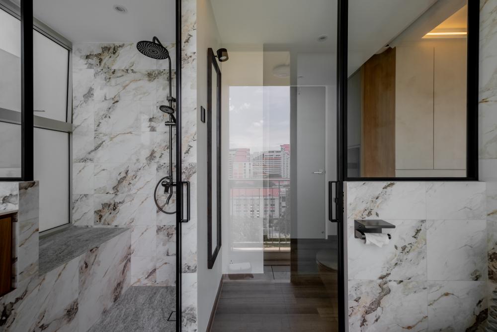 Country Bathroom with Countertop and Granite Floor