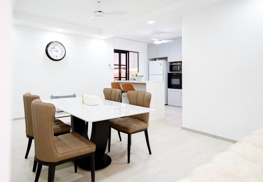 Modern Dining Room with Cove Lighting and Ceiling Fan