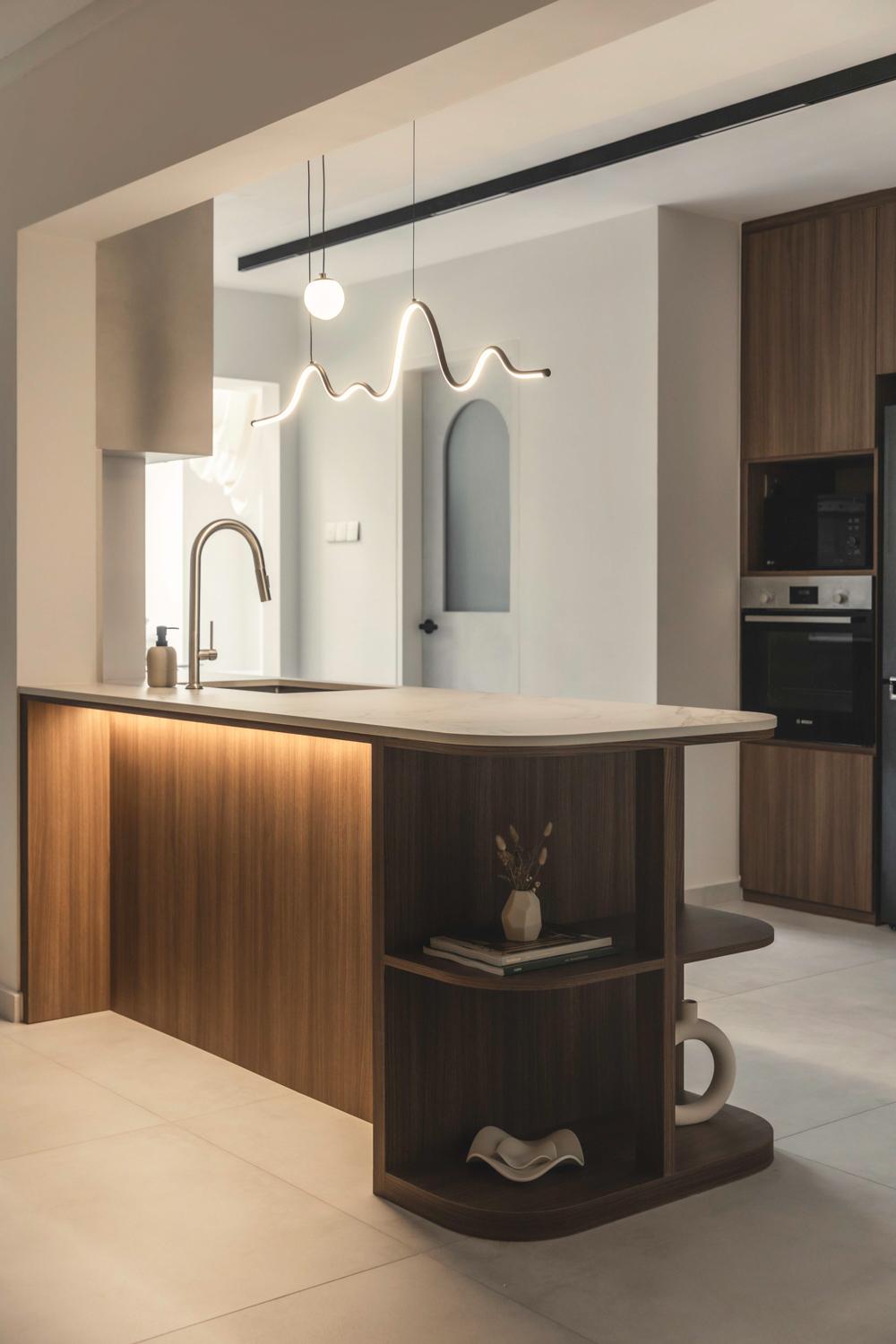 Contemporary Kitchen with Breakfast Counter and Open Storage