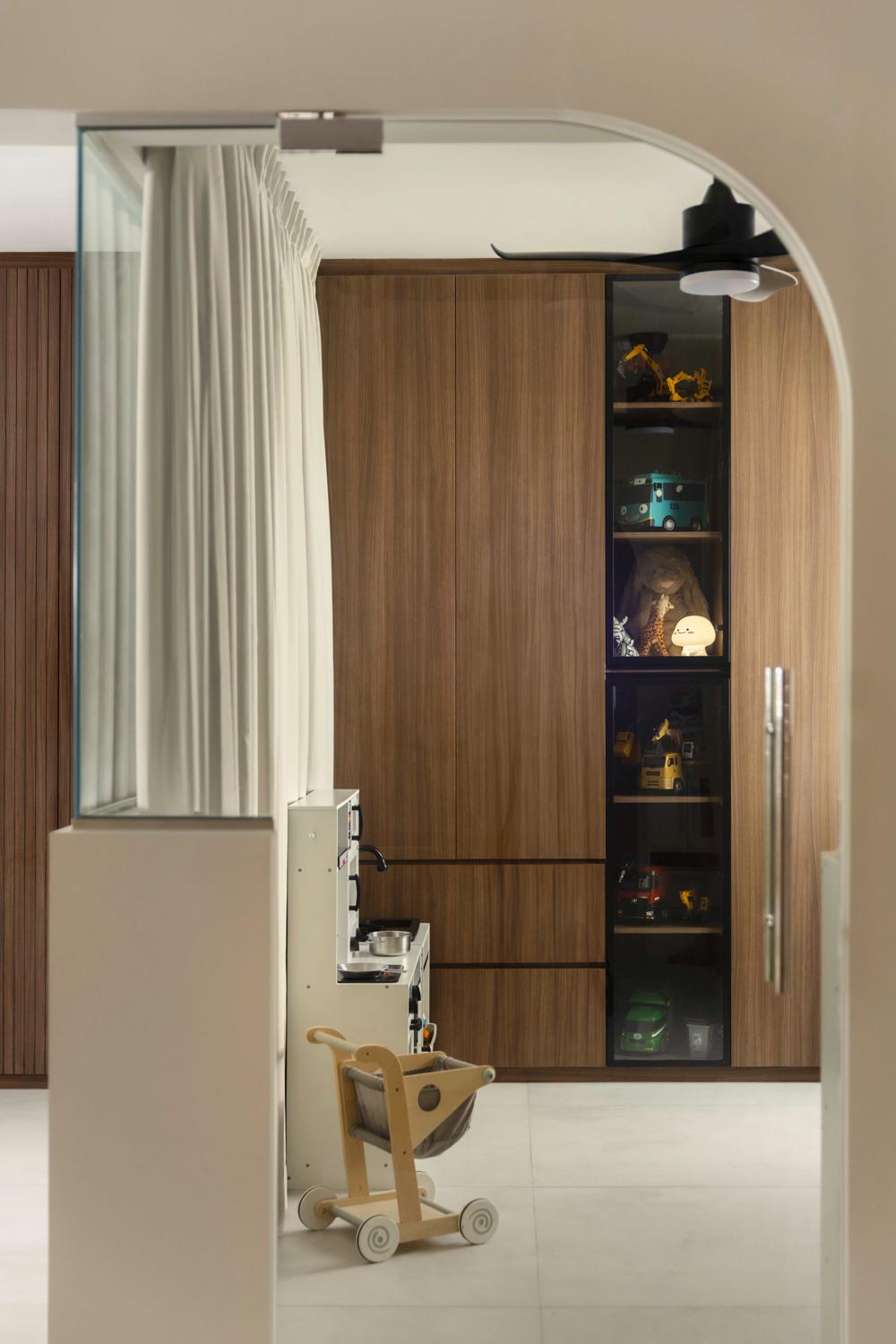Contemporary Gaming Room with Ceiling Fan and Storage Cabinets