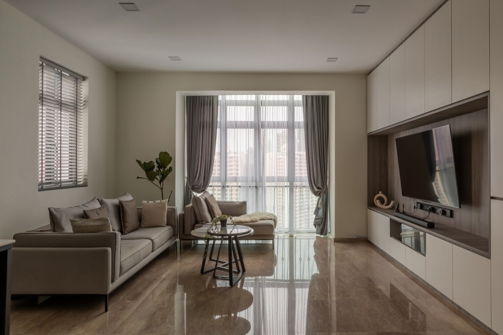 Modern Living Room with TV Console and Curtain