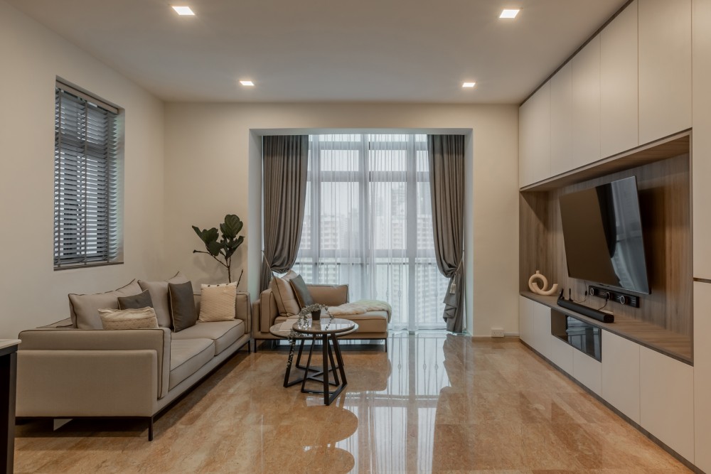 Modern Living Room with TV Console and Curtain