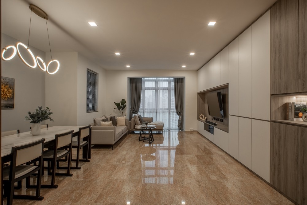 Modern Living Room with TV Console and Curtain
