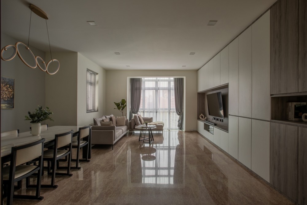 Modern Living Room with TV Console and Curtain