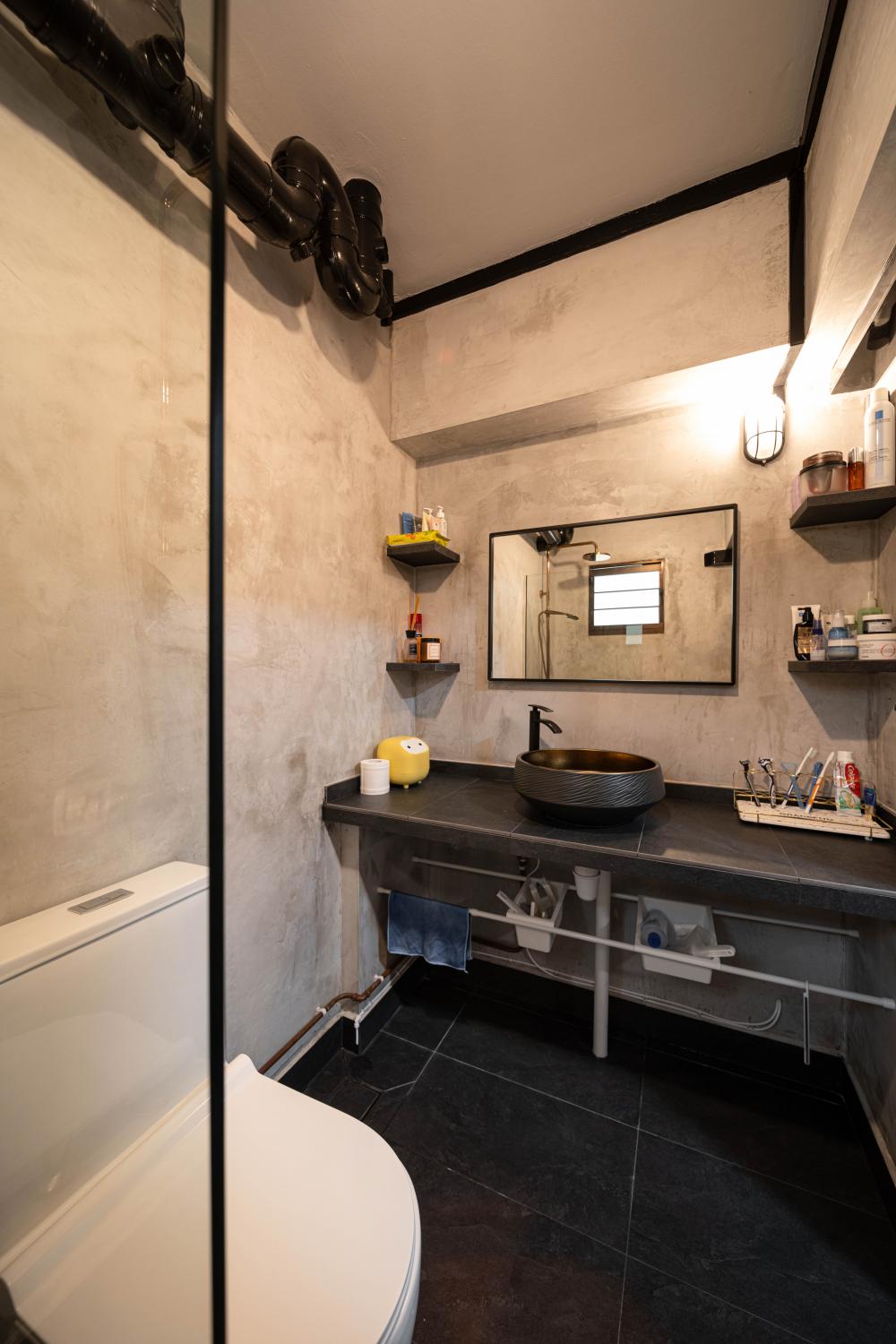 Transitional Bathroom with Mirror and Glass Door
