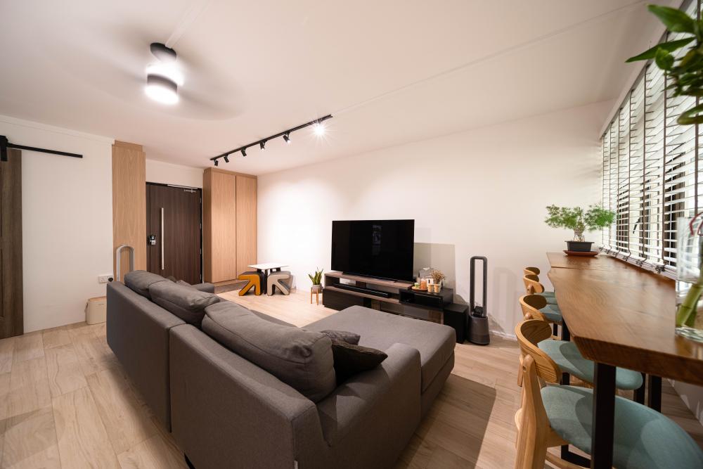 Transitional Living Room with Homogeneous Tiles and TV Console