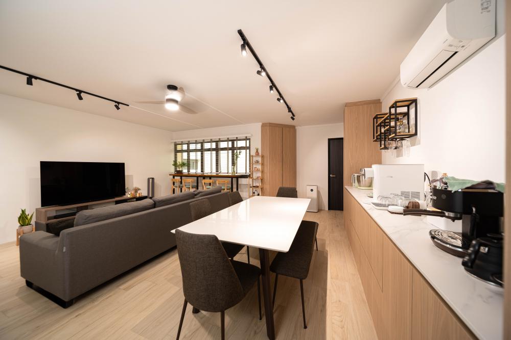 Transitional Dining Room with Sofa and Dining Table