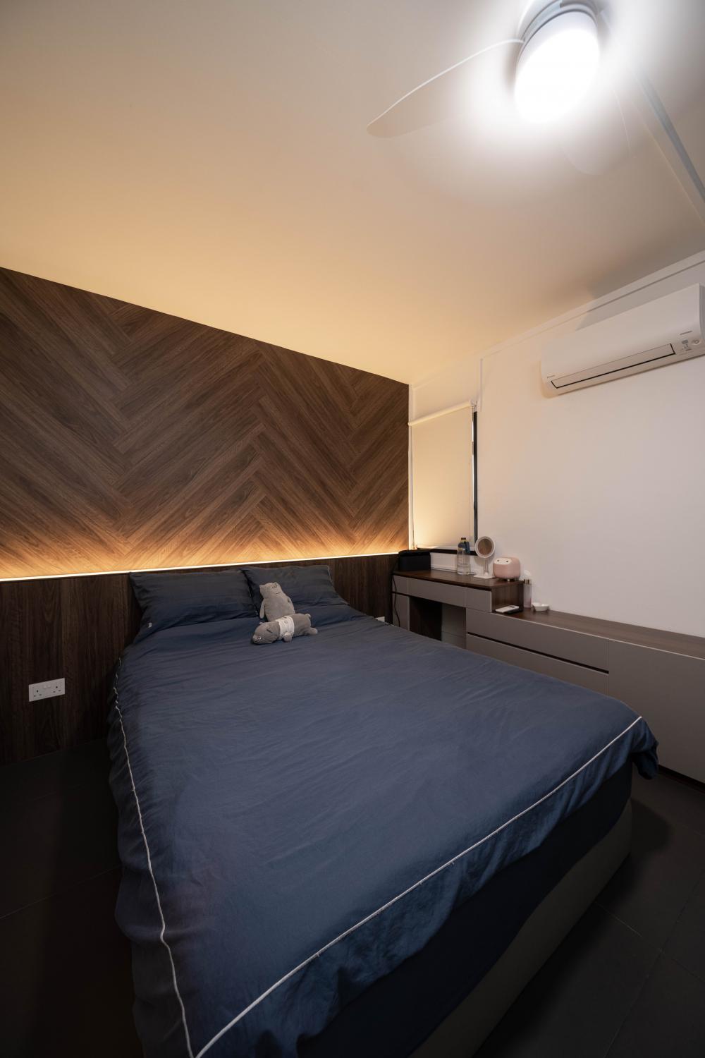 Transitional Bedroom with Feature Wall and Roller Blinds