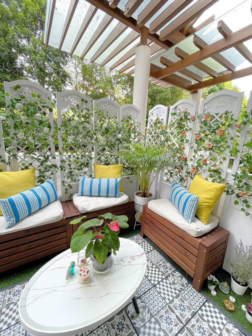 Asian Patio with Homogeneous Tiles and Seating Bench
