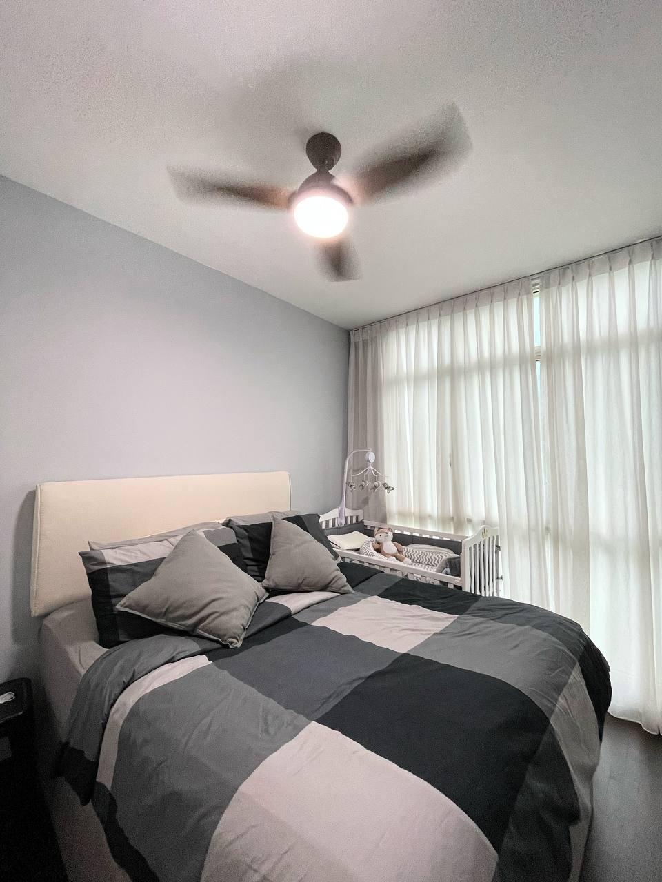 Asian Bedroom with Parquet Floor and Ceiling Fan