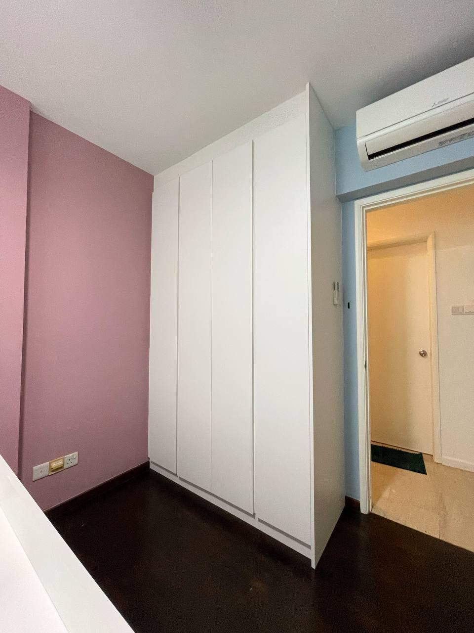Asian Bedroom with Parquet Floor and Feature Wall